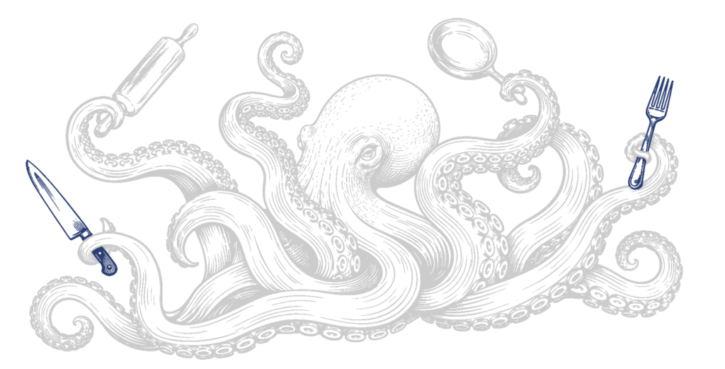 Ilustración de un pulpo sujetando utensilios de cocina